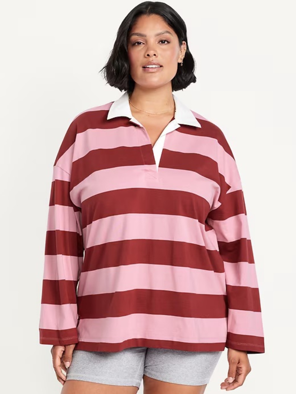 Old Navy Striped Rugby Polo Top in Pink and Burgundy - Women
